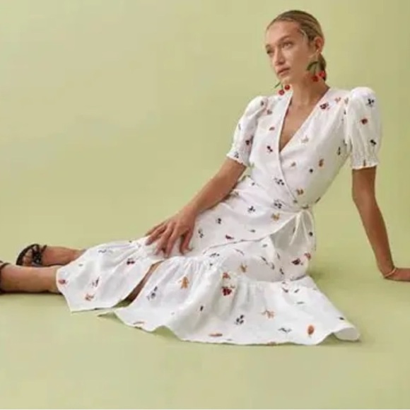 Reformation Veronika fruit print 100% linen white midi dress 26822 - Picture 2 of 12